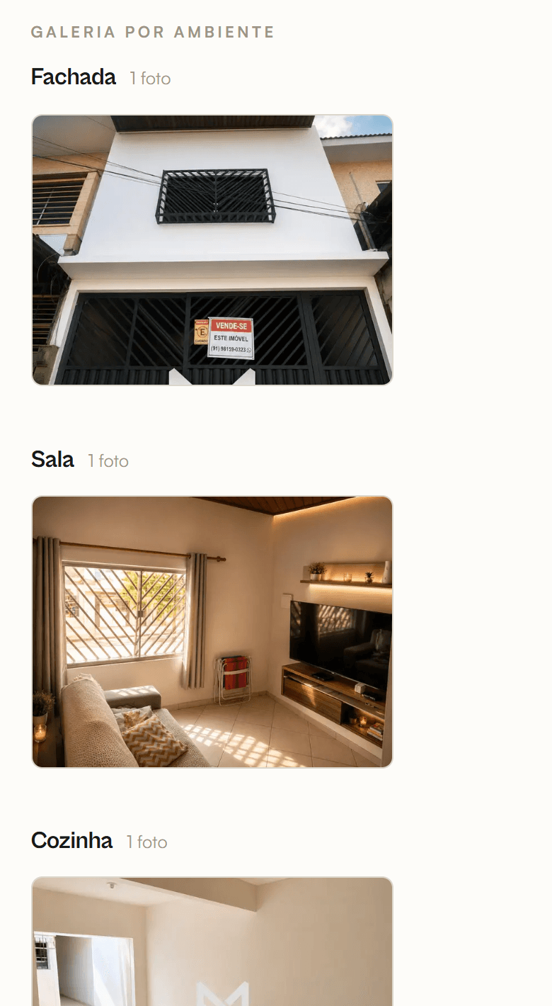 Outra vitrine individual com ambientes separados por fachada, sala e cozinha