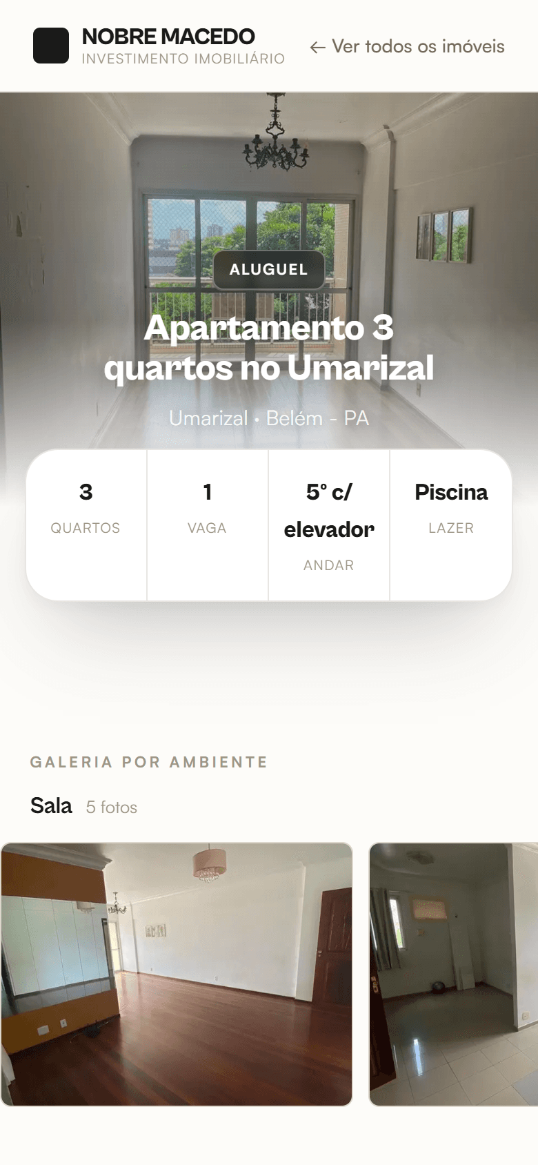 Vitrine individual de imóvel com foto principal, ficha e galeria por ambiente